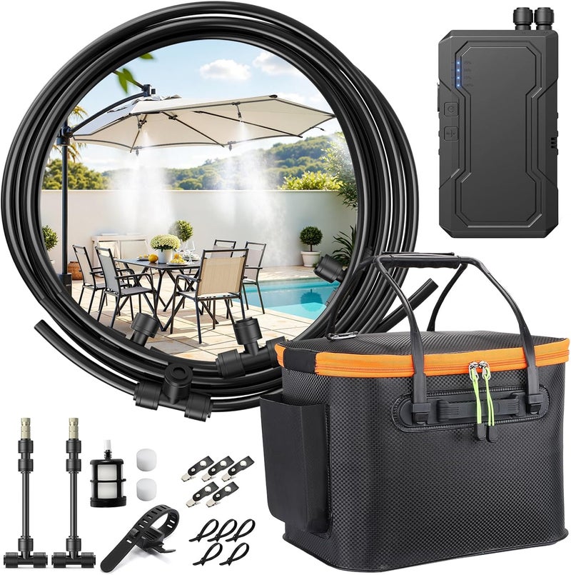Ausic Portable Misting Systems, Outdoor Water Cooling Misters Set with 6000mAh Water Pump, 20L Bucket, 26FT (8M) Hose, 6*Nozzles, 10*Clips/Ties for Patio/Umbrella/Pasture/Greenhouse/Canopy/Camping - Image 1